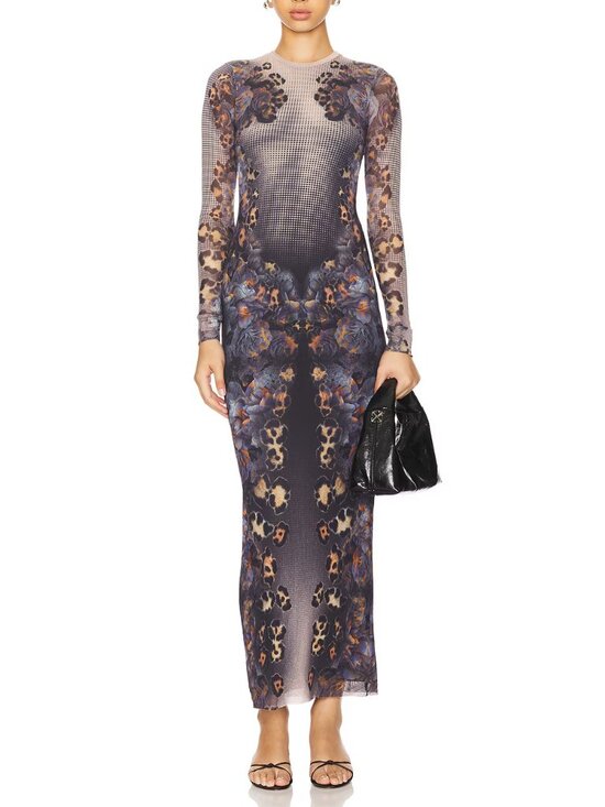 AFRM Dresses & Skirts - AFRM Didi Long-Sleeve Floral Mesh Maxi Dress Nude Leopard Bodycon Size XS